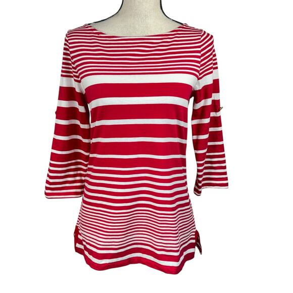 Charter Club Medium Top Striped Stretch Roll-Tab Sleeves Side Slits Boat Neck - Picture 2 of 8